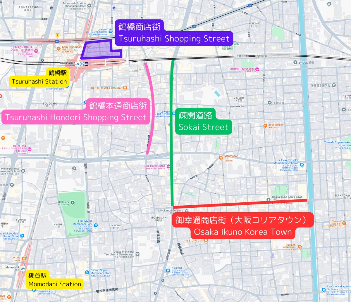 Mapa del Área del Barrio Coreano de Tsuruhashi en Osaka