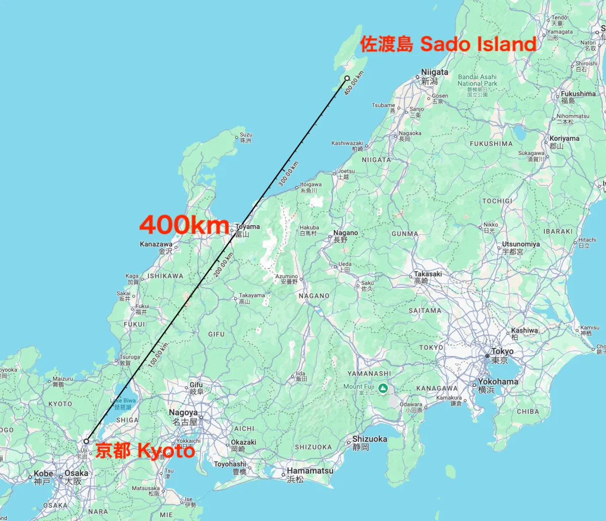 Distancia de Kioto a la Isla de Sado