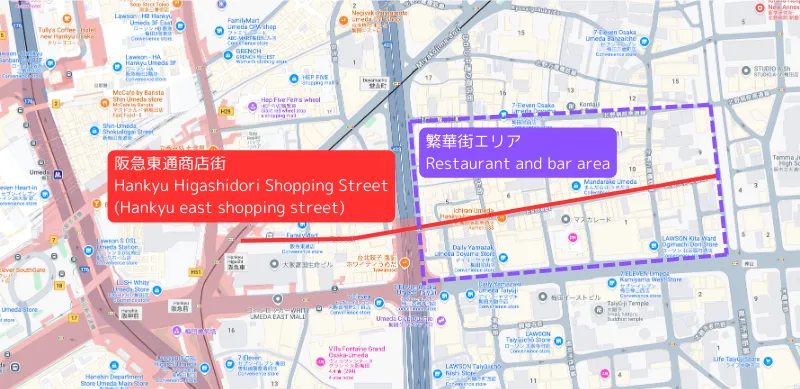 Mapa del Área de Hankyu Higashi-dori