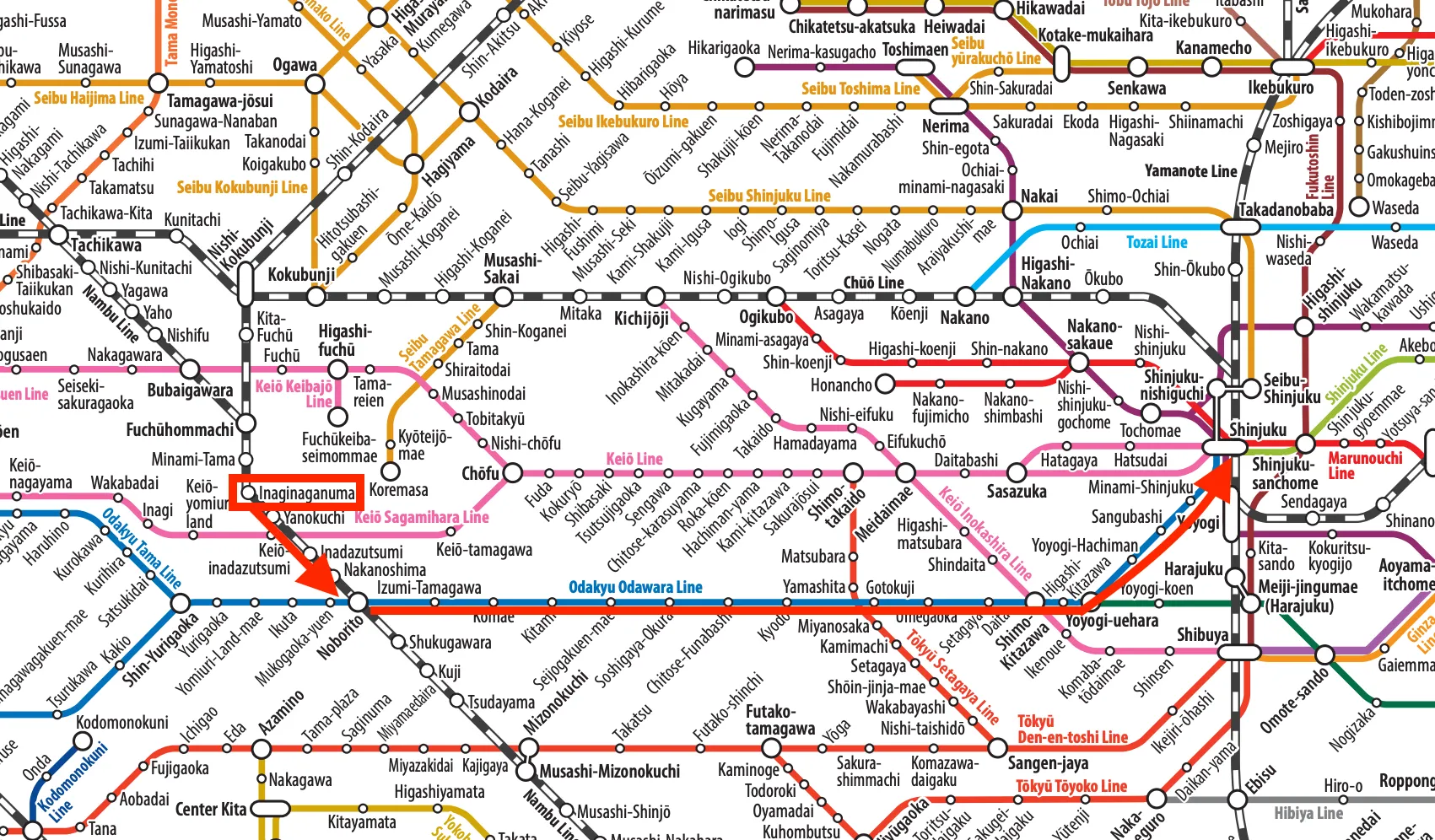 Mapa de ruta desde la estación Inagi Naganuma a Shinjuku