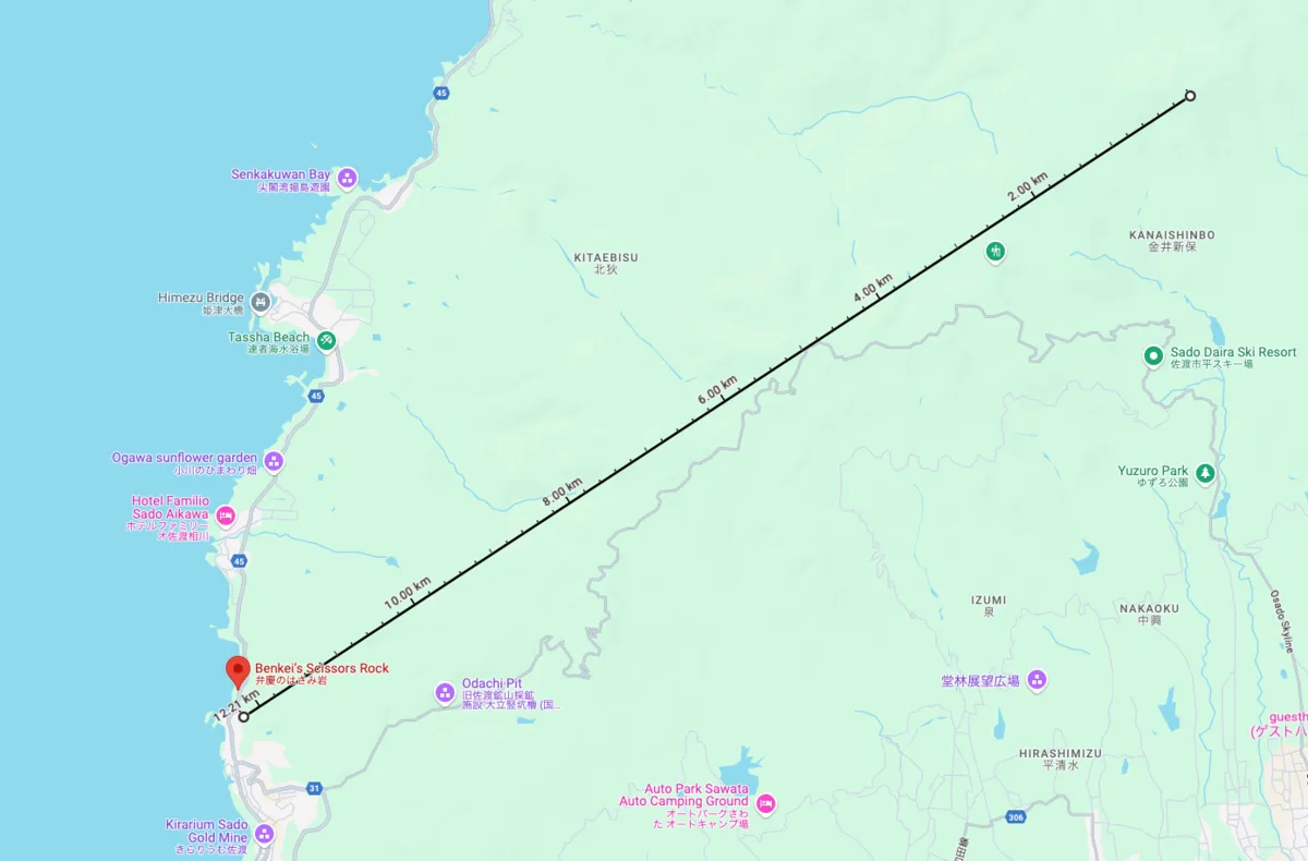 Distancia del Monte Kinpoku a la Roca de las Tijeras de Benkei