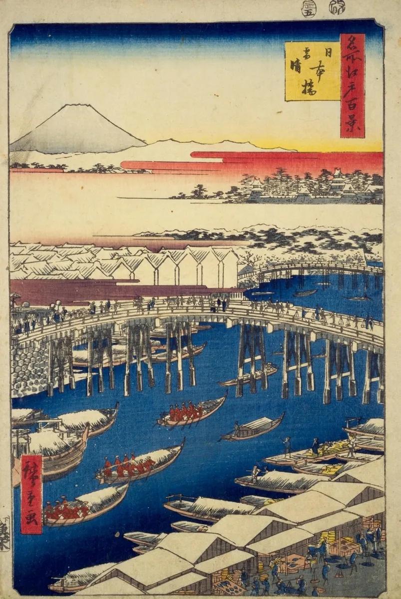 Cien vistas famosas de Edo: Nihonbashi en un día despejado después de la nieve