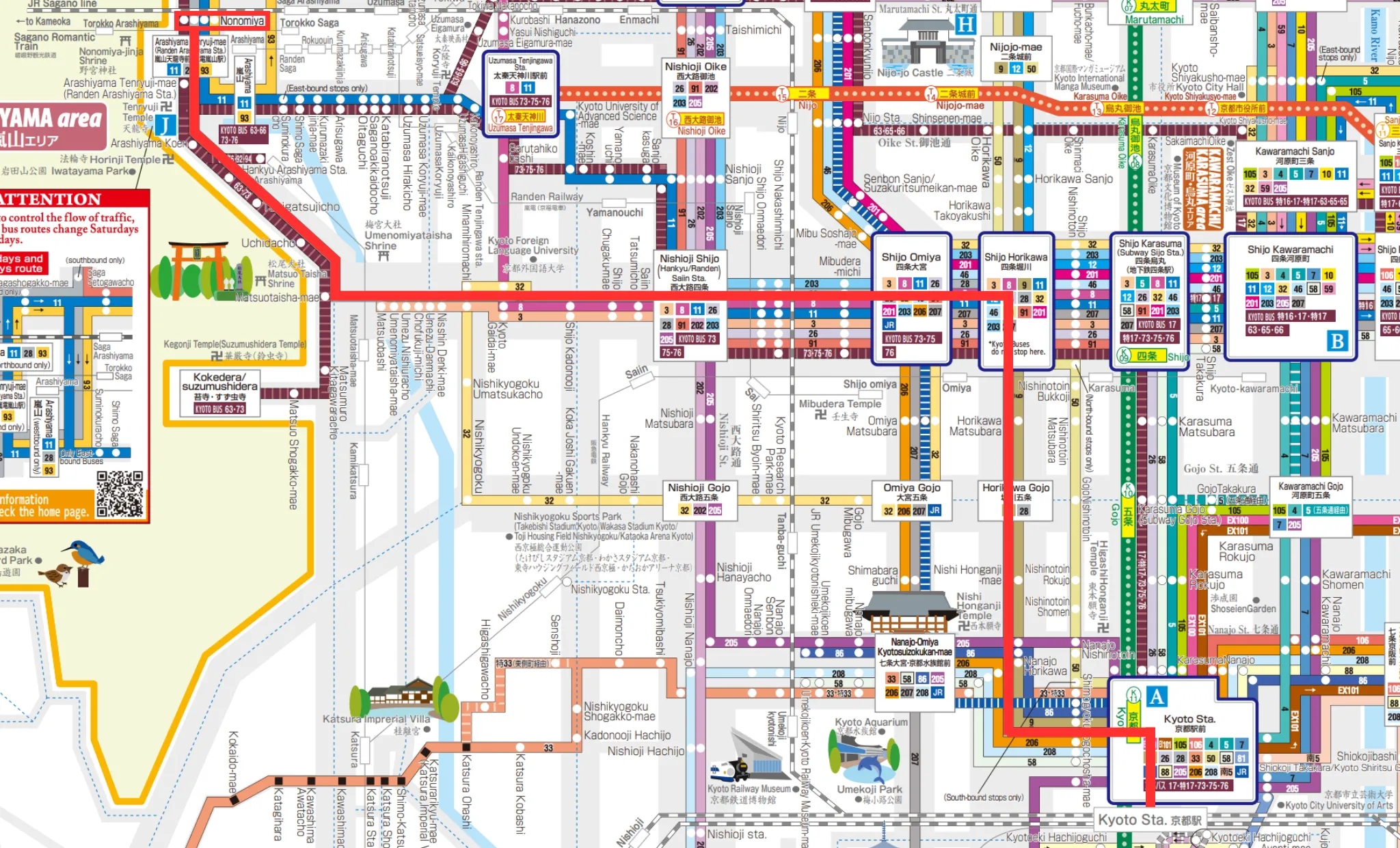 Mapa de la Ruta 28 del Autobús de Kioto