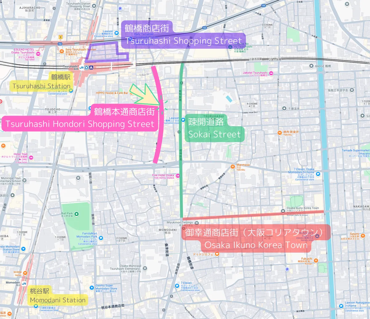 Mapa de Ubicación de la Calle Comercial Tsuruhashi Hontoori