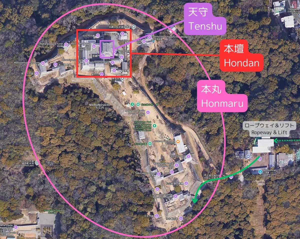 Mapa de las zonas del Castillo de Matsuyama: Recinto principal, Hon-dan y Tenshu